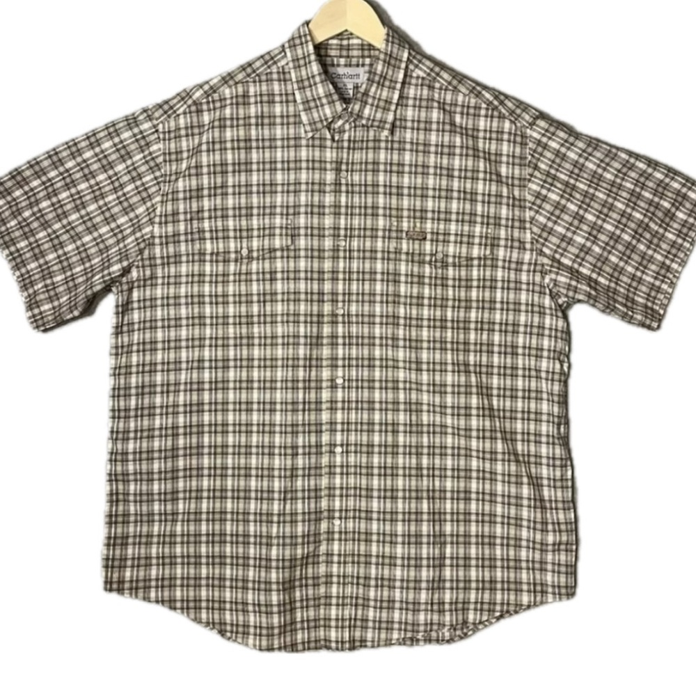Vintage Carhartt Shirt Mens Sz XL Snap Flap Pocket Short Sleeve Plaid Grunge Y2K